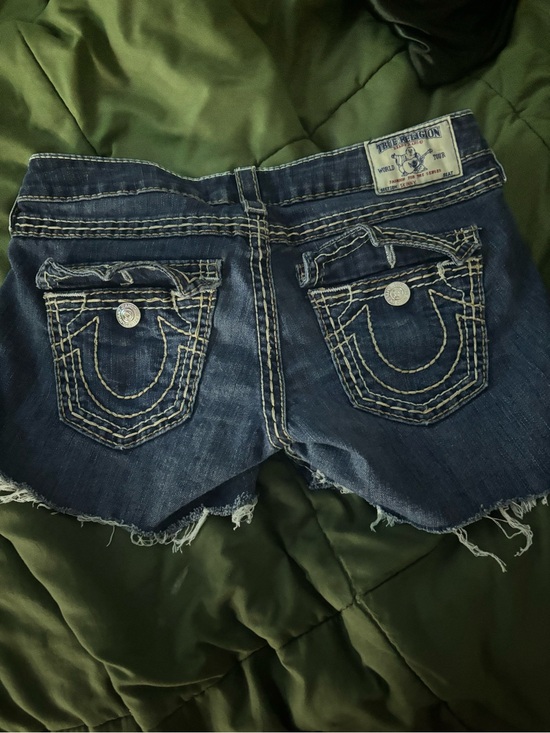 True Religion Pants - True Religion Indigo Denim Cutoff Shorts with Contrast (tan) Stitching